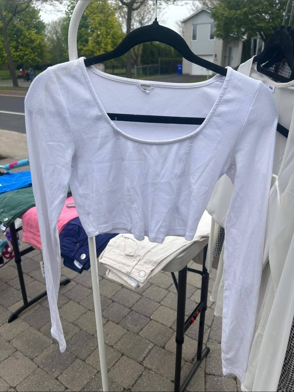 Garage White Ribbed Long-Sleeve Square Neck Crop Top